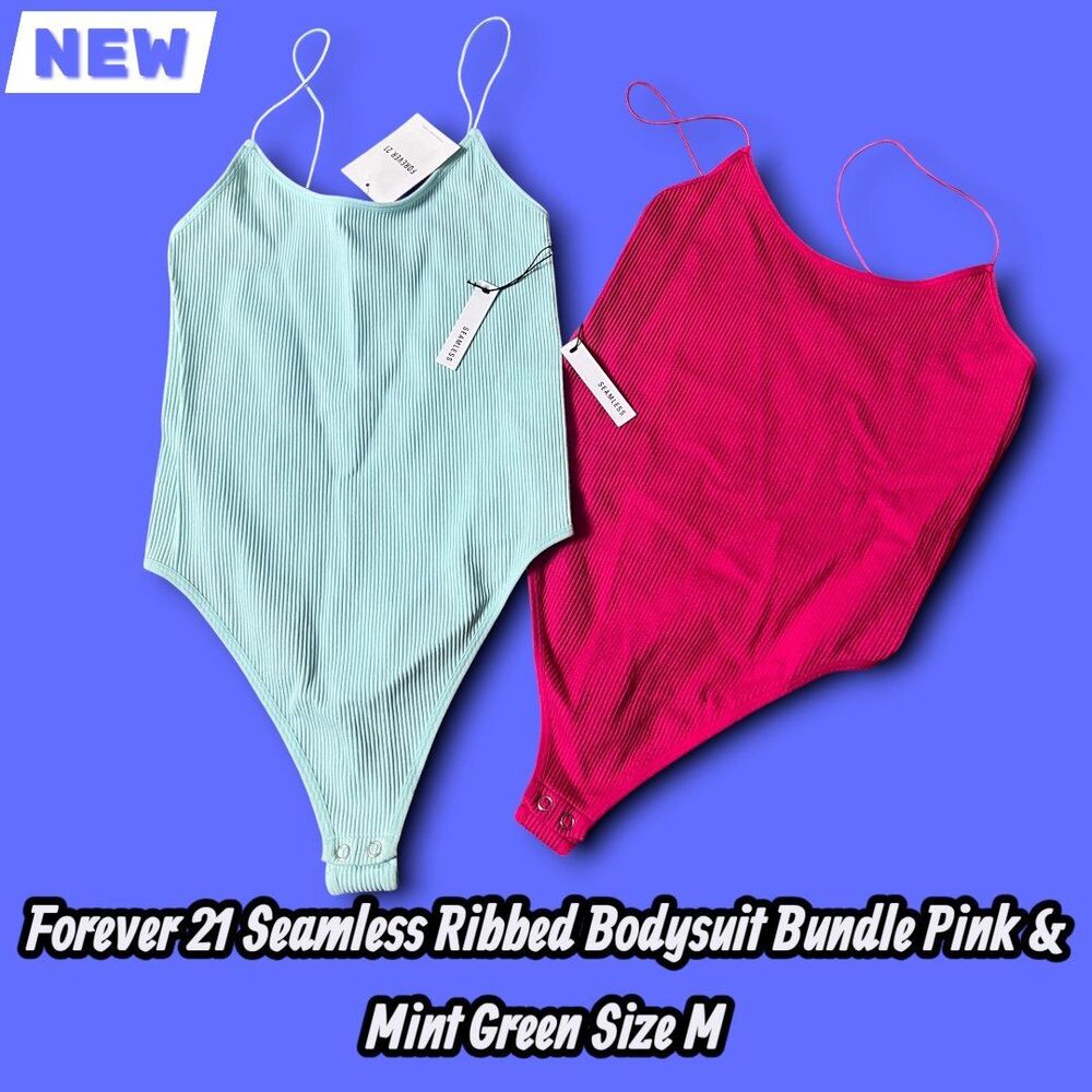 NEW NWT Forever 21 Seamless Ribbed Bodysuit Bundle Pink & Mint Green Size M